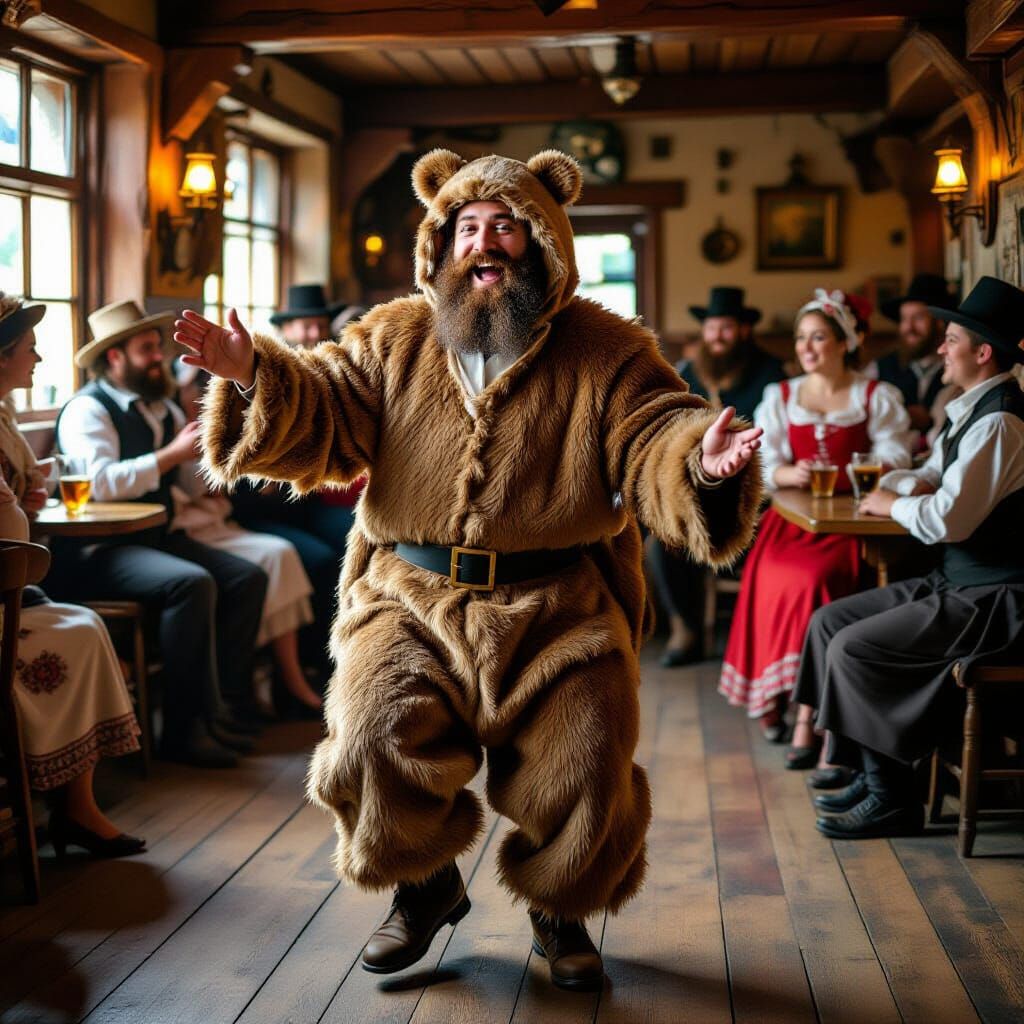Joyful Bear Dance in Polish Tavern, Folk Art Style