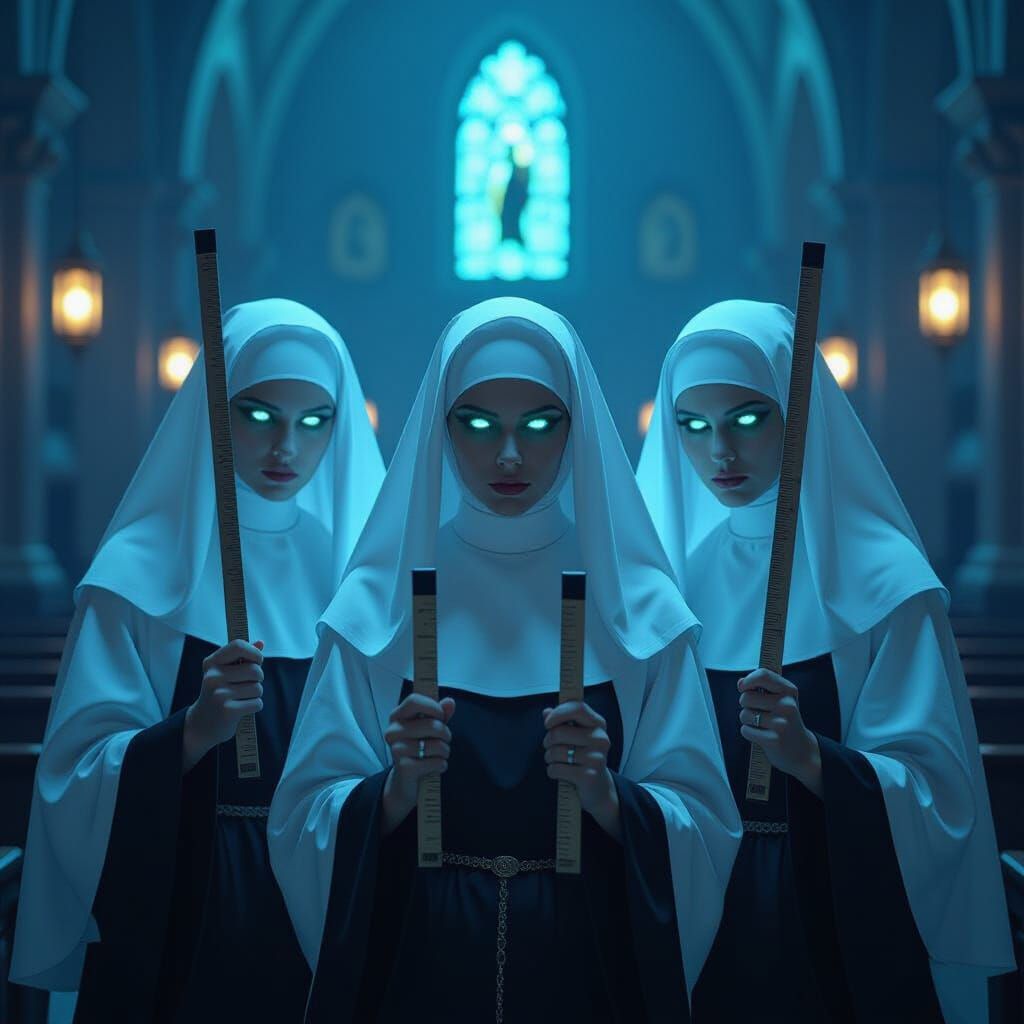 Nuns with Yardsticks in Dark Noir Style