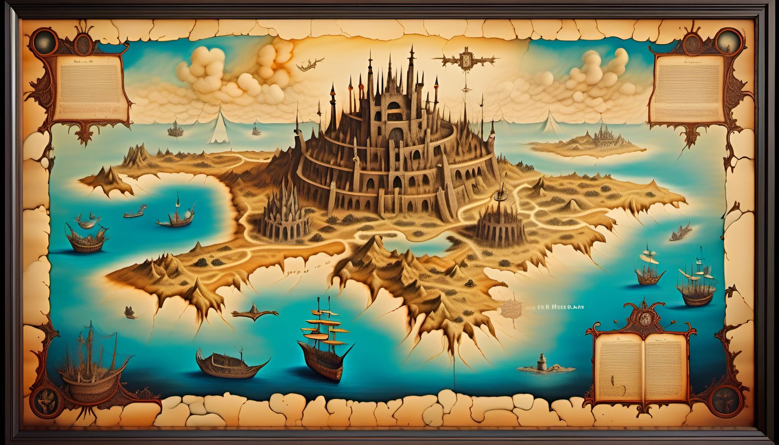 Medieval Map of Lost Isle in Surrealist Style