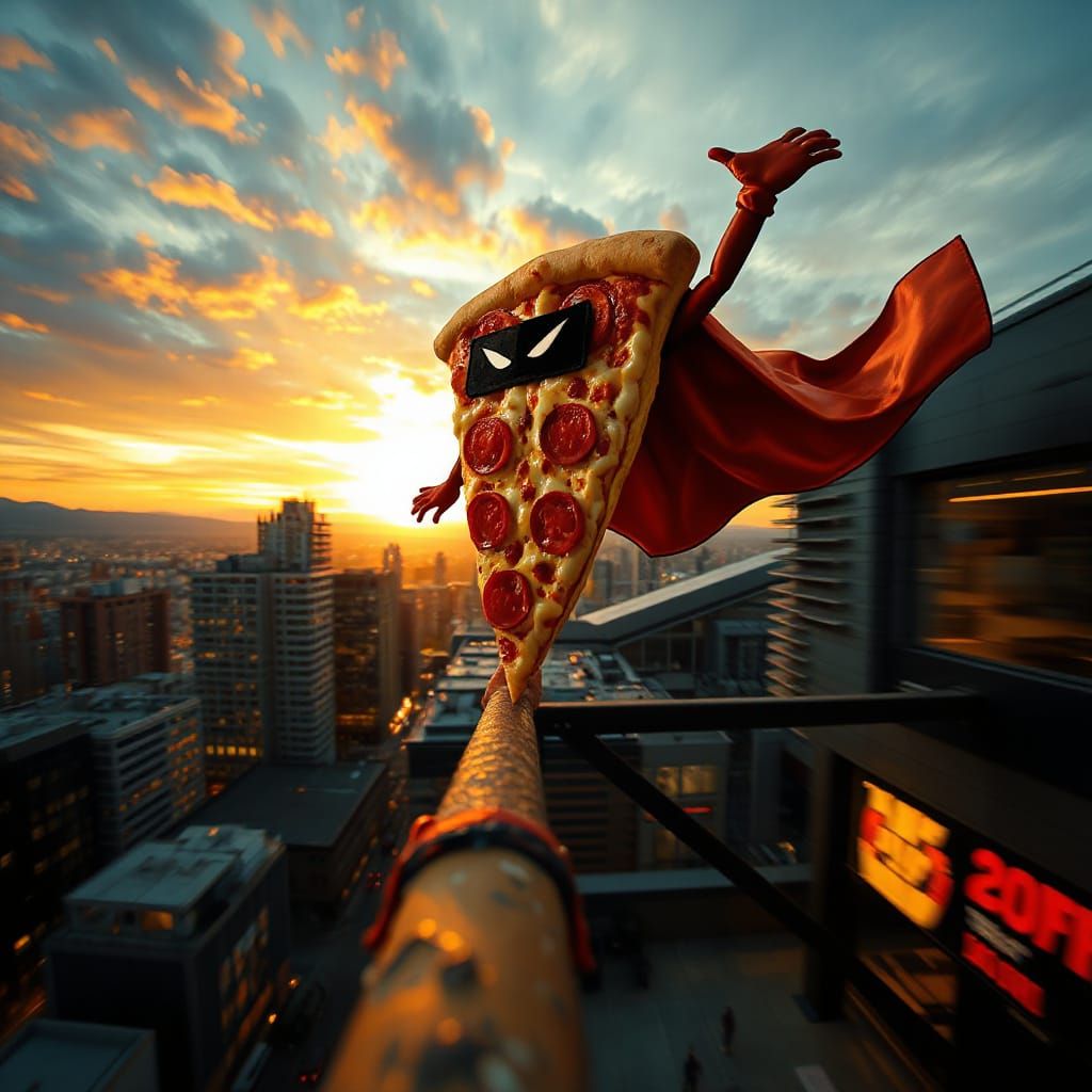 Pizza Slice Superhero Soaring Through Cityscape