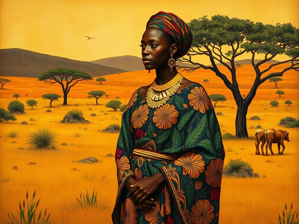 African Lady in Silk: Art Nouveau Savannah Portrait