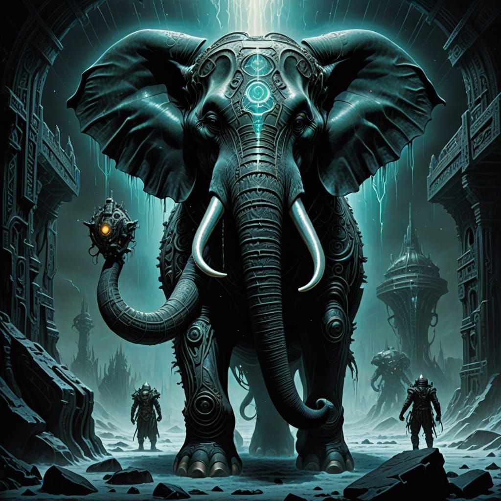 Surreal War Elephant Depicted in Cyberpunk Vedic Art Style