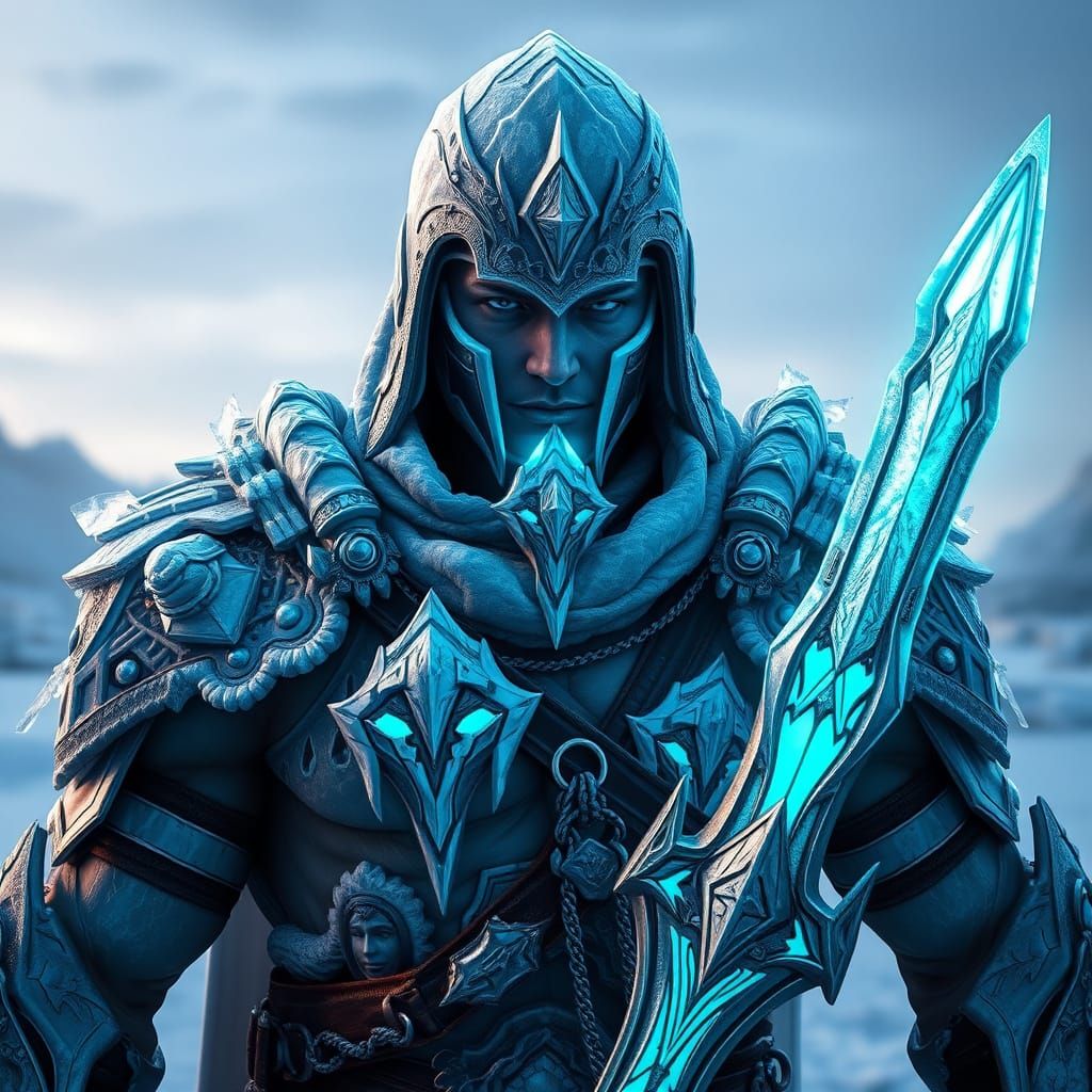 Ice Warrior in Turquoise Wasteland, Hyperdetailed Digital Ar...