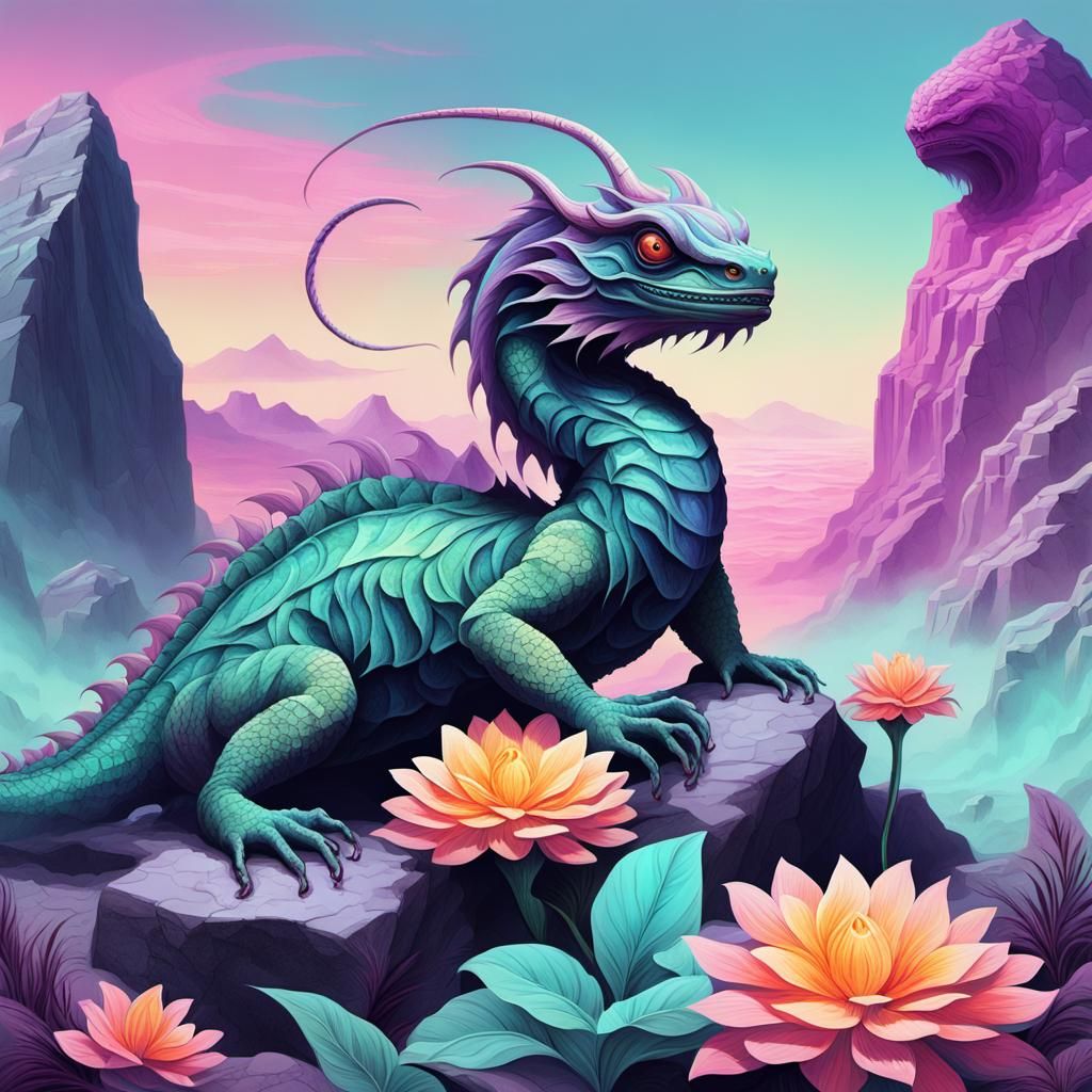 Stone Basilisk and Flower in Surreal Synthwave Art