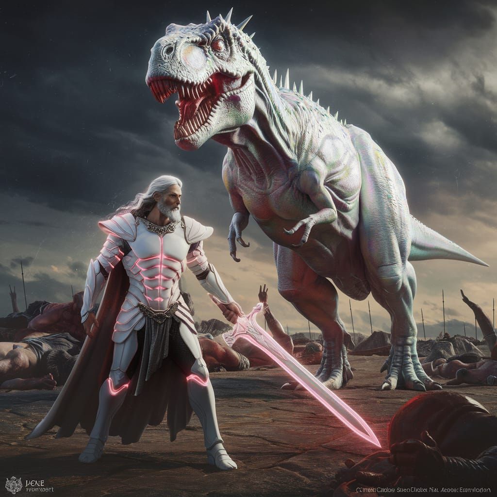 Jesus Christ as Armored Warrior with T-Rex