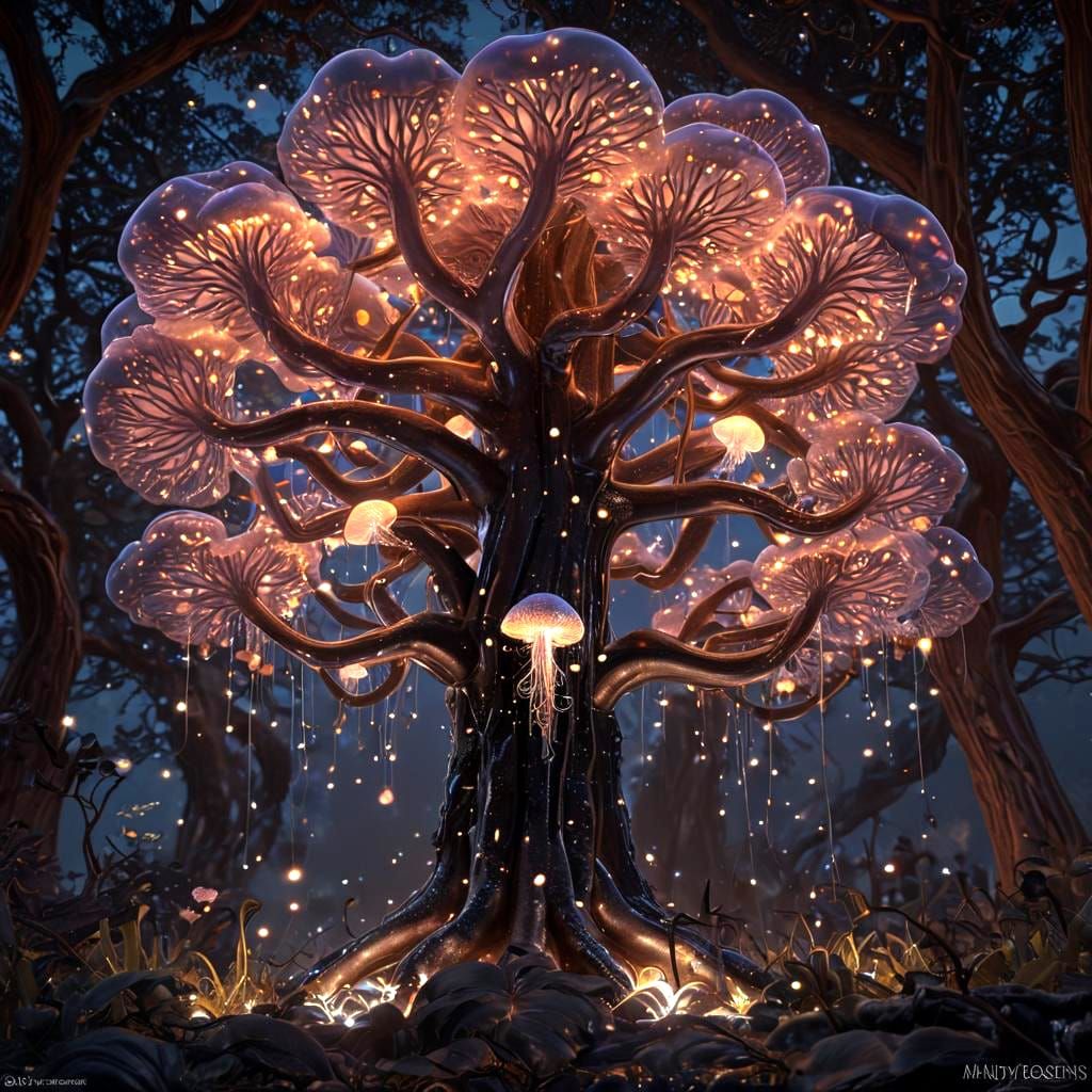 Bioluminescent Mushroom Tree of Life: Digital Illustration