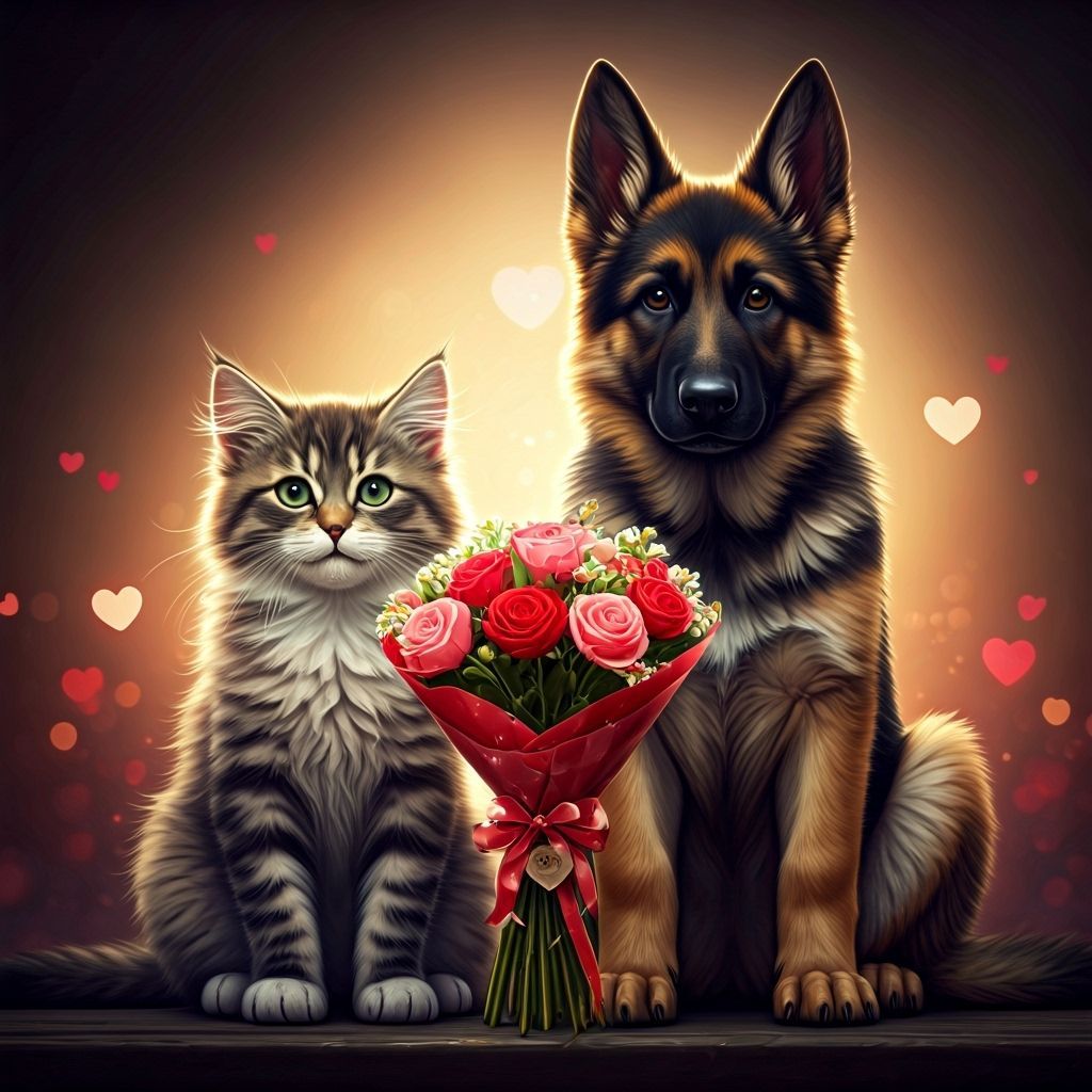 Kitten and German Shepherd with Flowers for Valentine's Day
