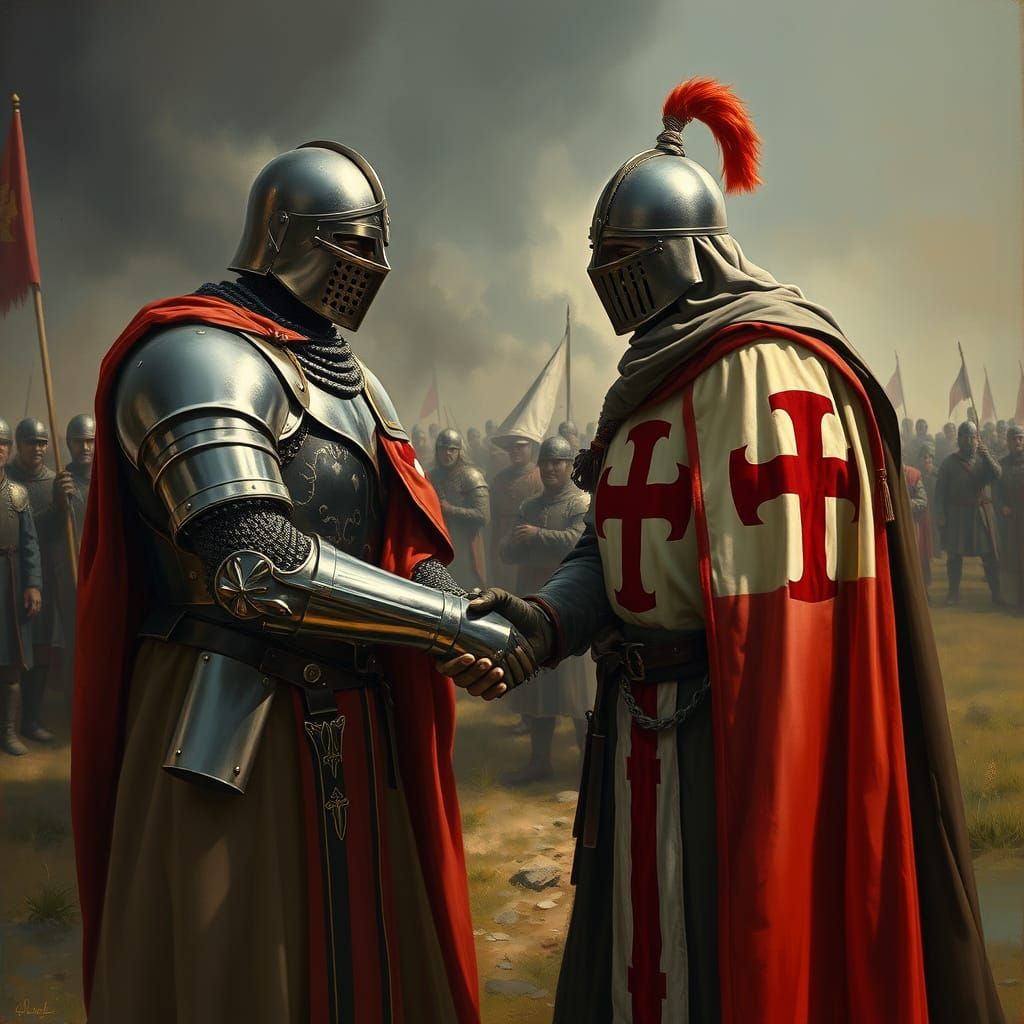 Teutonic and Hospitaller Knights Shake Hands: Oil Painting