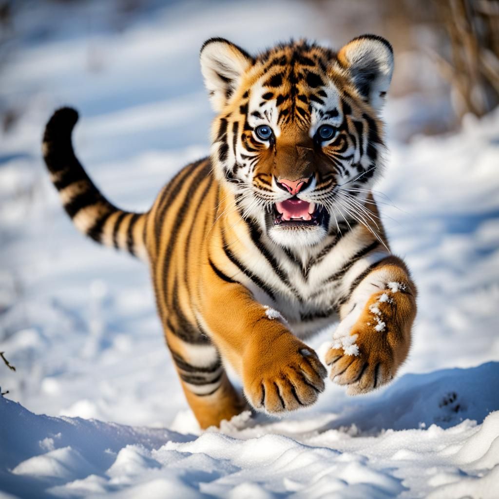 Tiger Cub's Joyful Run in Winter Snow