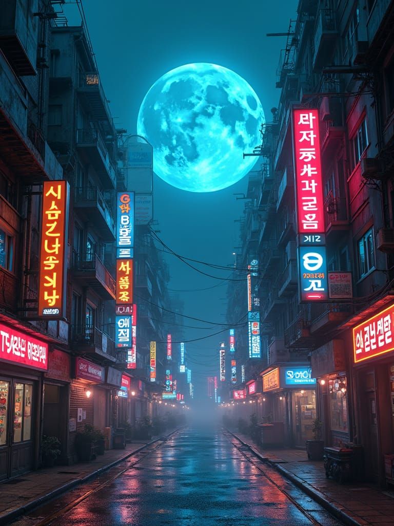 Cyberpunk City Street with Oversized Moon
