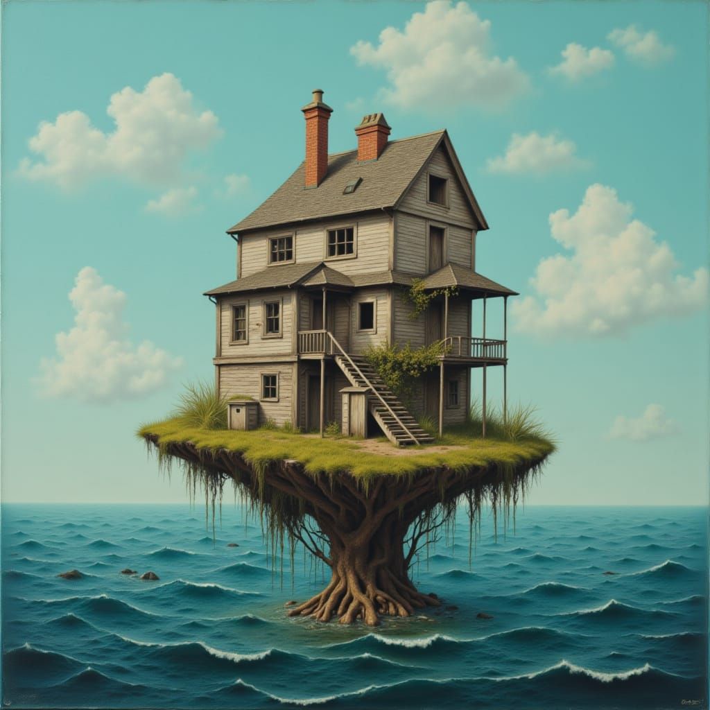 Rickety Old House on Tiny Island in Ocean Surrealist Paintin...