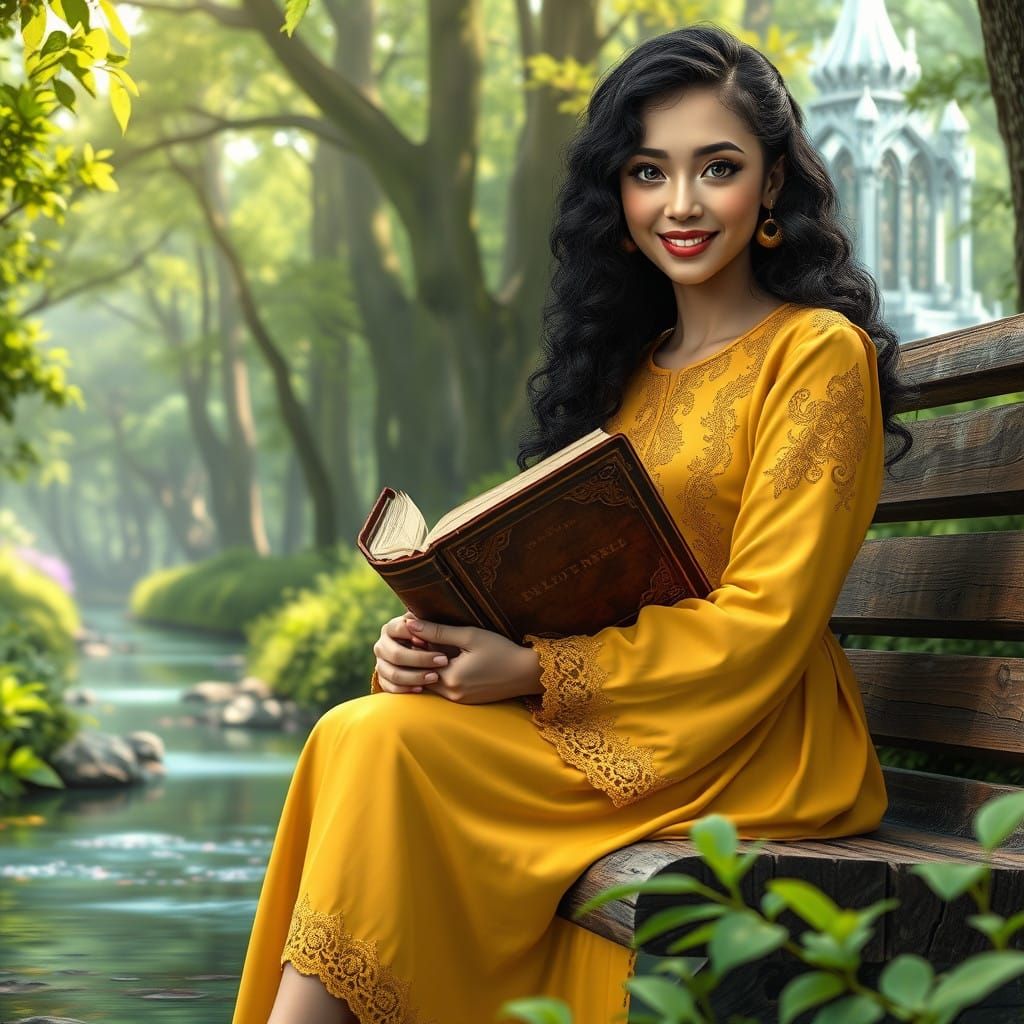 Woman in Yellow Dress Sits Serenely in a Vibrant Forest