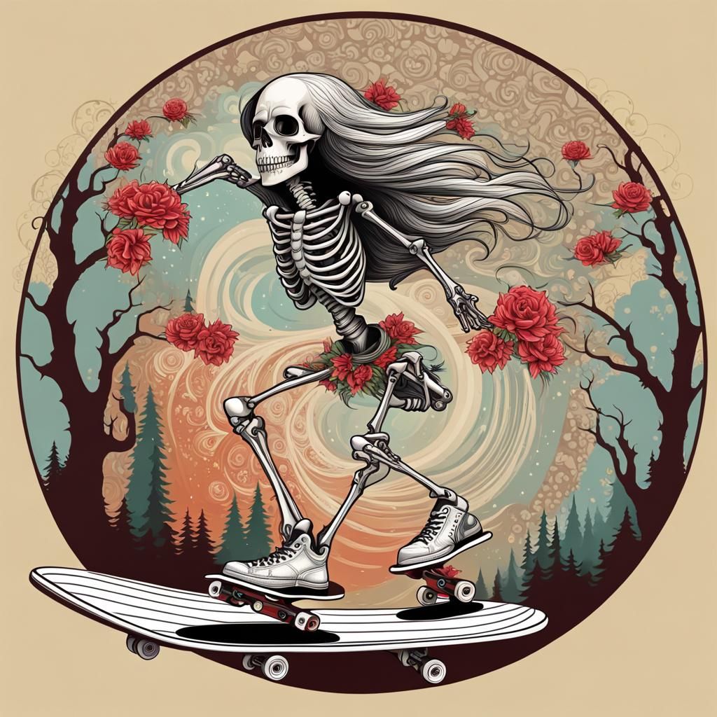 Gothic Punk Skeleton Princess on Skateboard