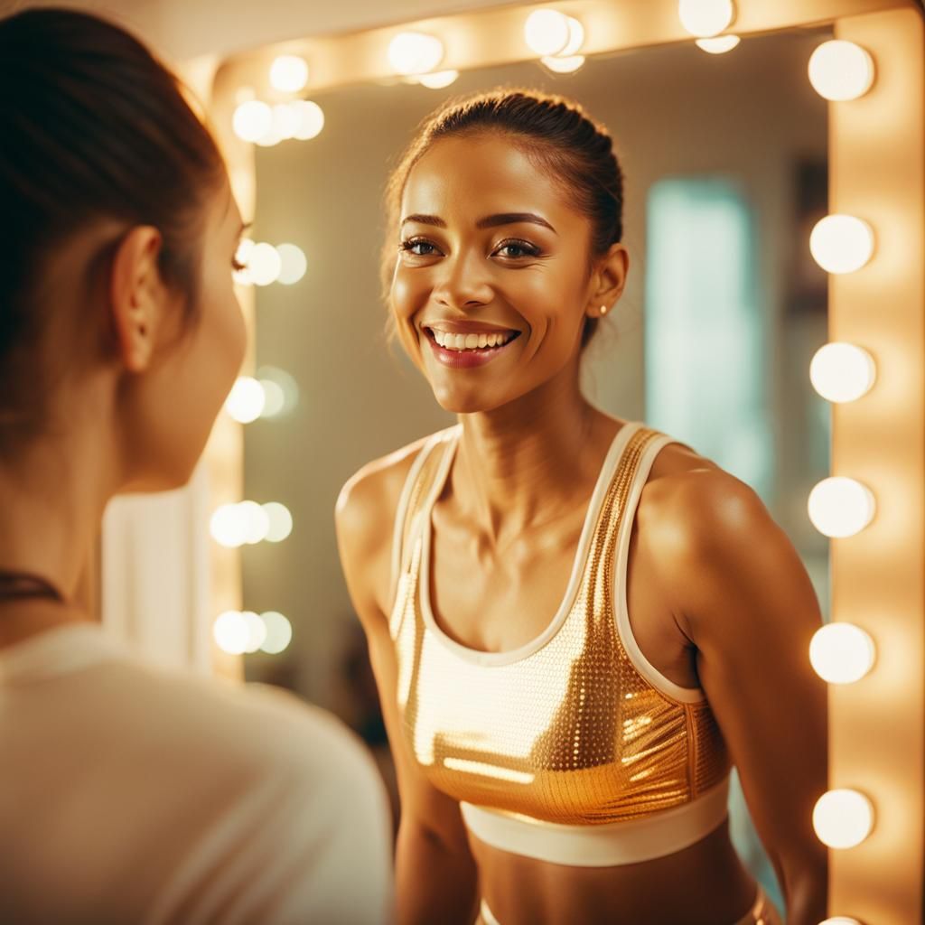 Cinematic Film Still: Happy Woman in Mirror