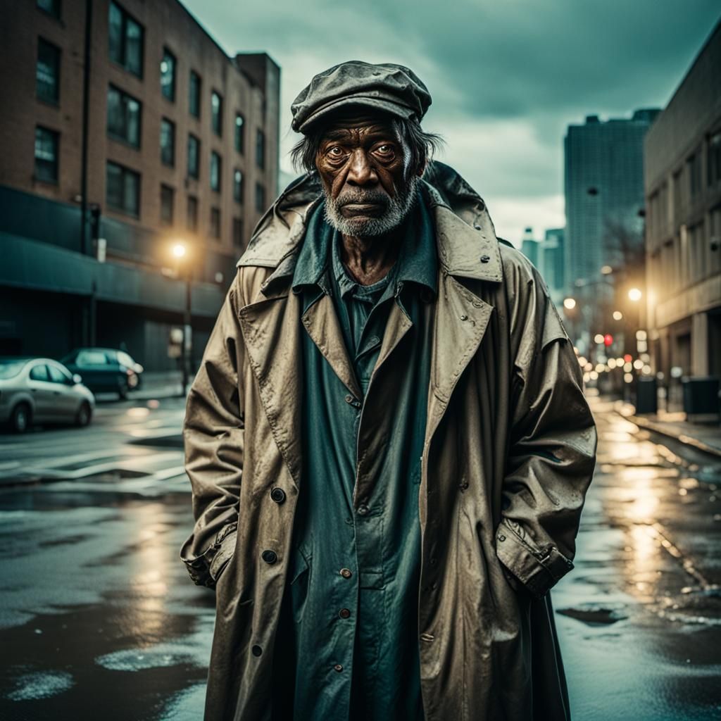 Dramatic Film Still: Homeless Person in Trench Coat