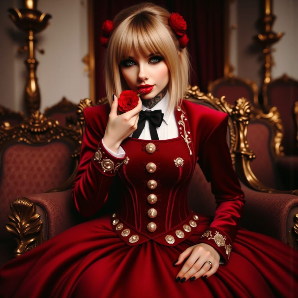 Elegant Red Victorian Woman Munches on Popcorn in Opulent Th...