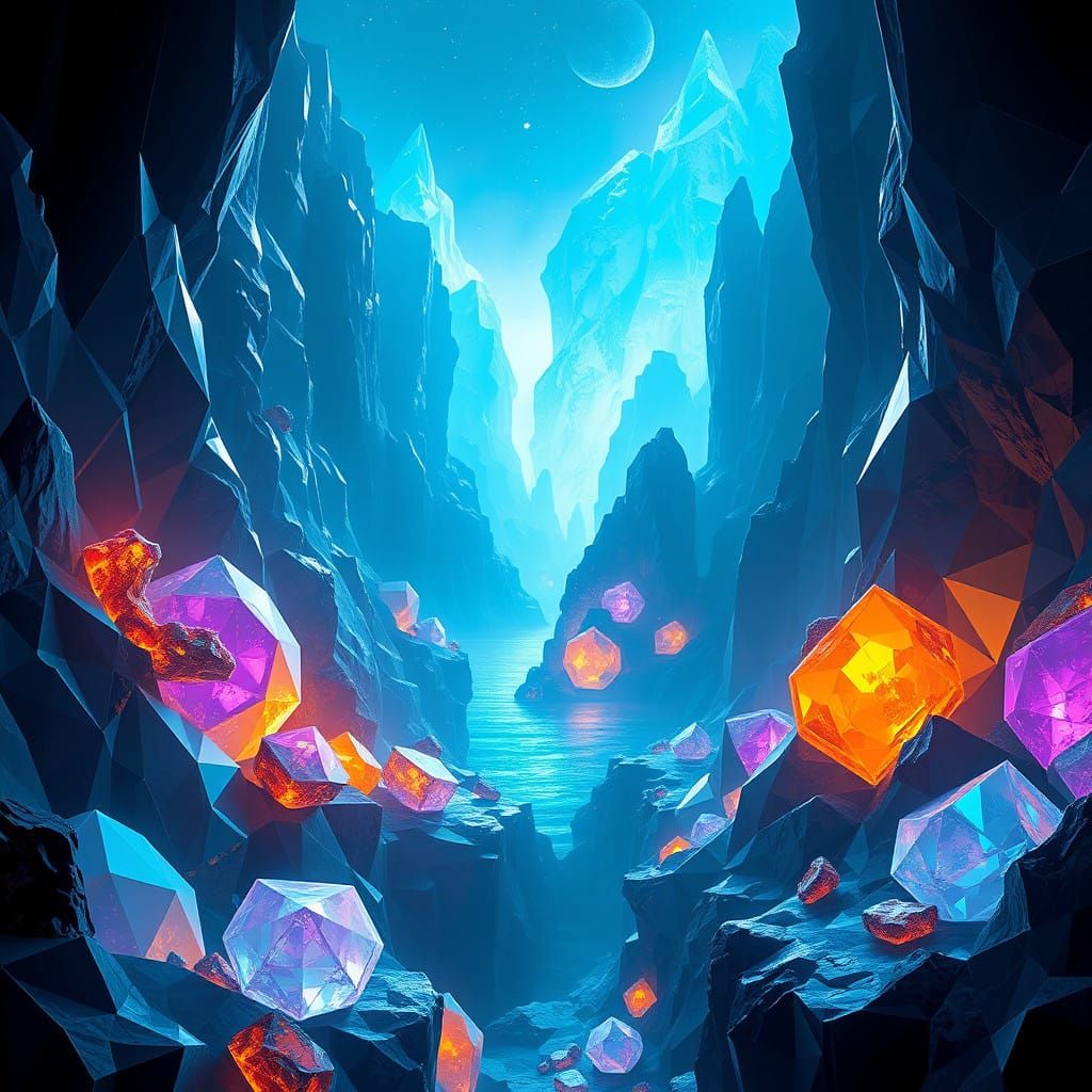 Dreamcore Crystalline Alien World with Geometric Gemstones a...