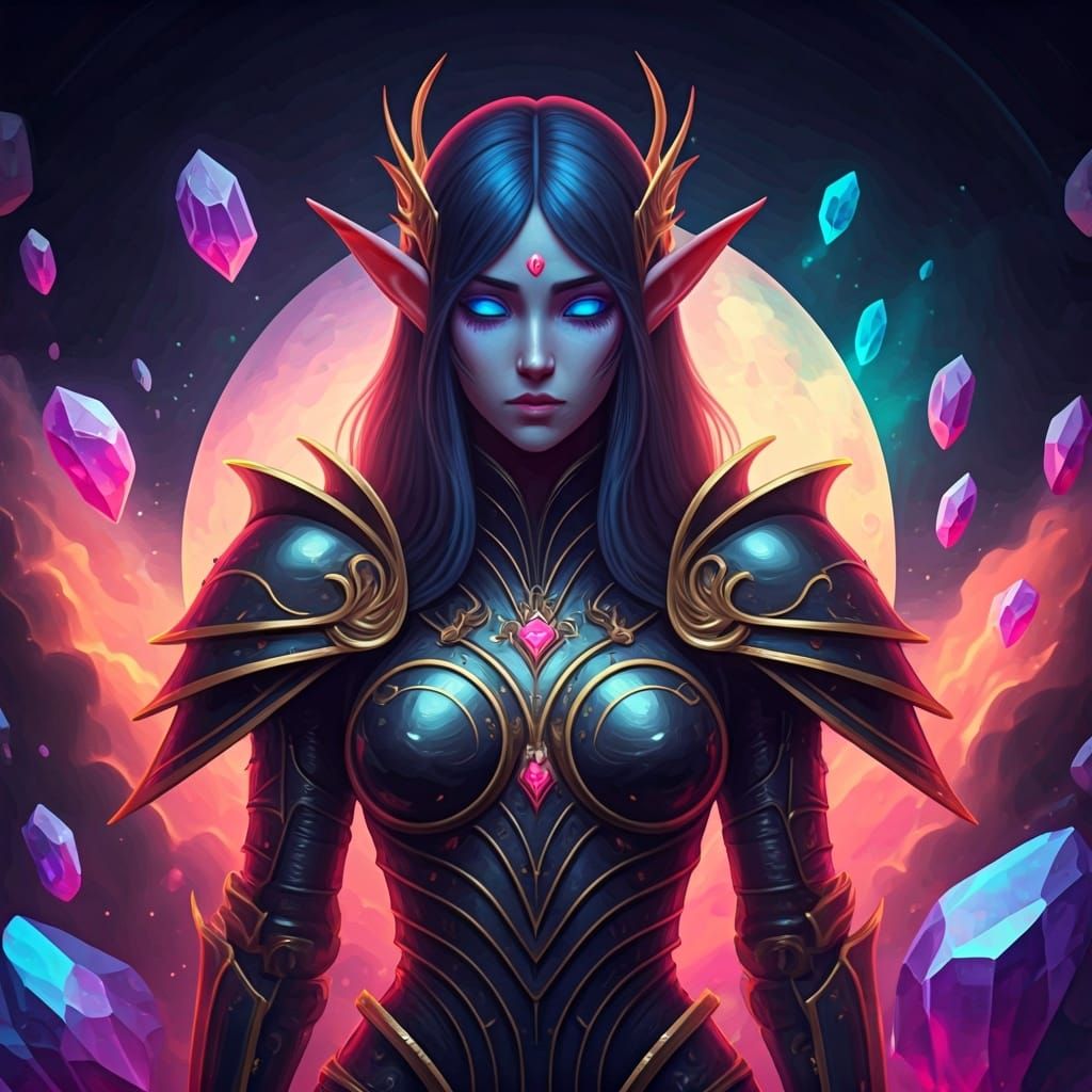 Ethereal Elf Warrior in Nebula with Neon Armor