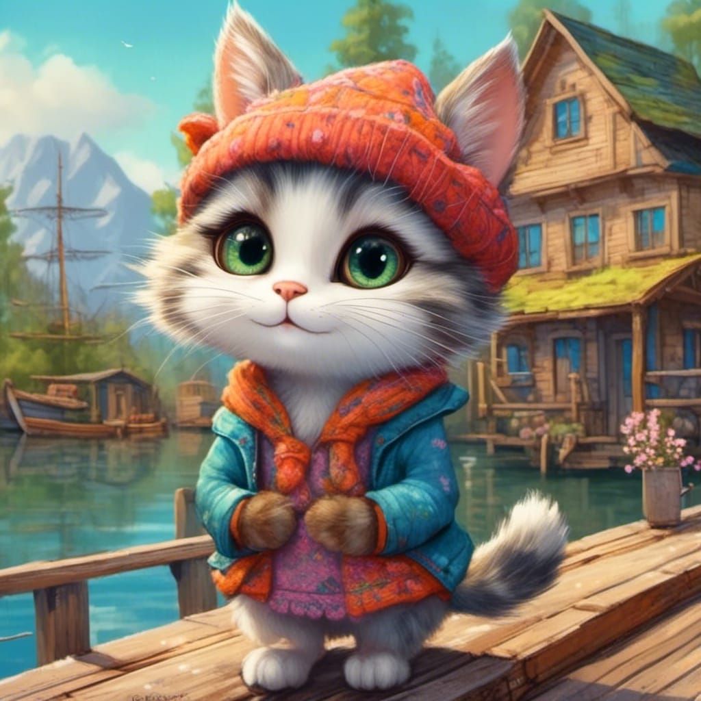 Whimsical Cat with Giant Eyes on Lake, Anime Art