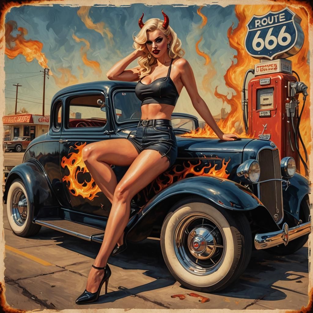 Devil Girl on Route 66 in Cartoon Pinup Style