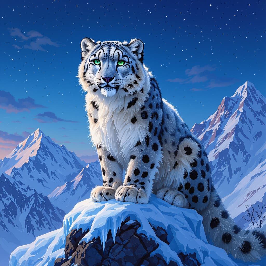 Majestic Snow Leopard on Icy Peak at Twilight