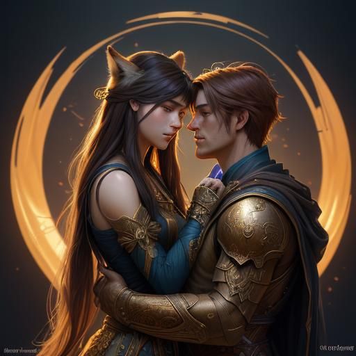 Fantasy Shifters Embrace in Romantic Digital Art