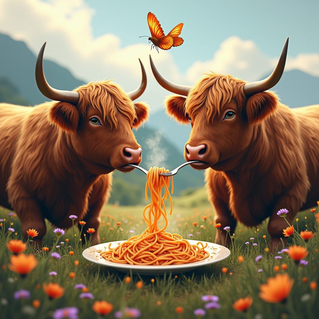 Highland Cows Eating Spaghetti in Dreamlike Meadow