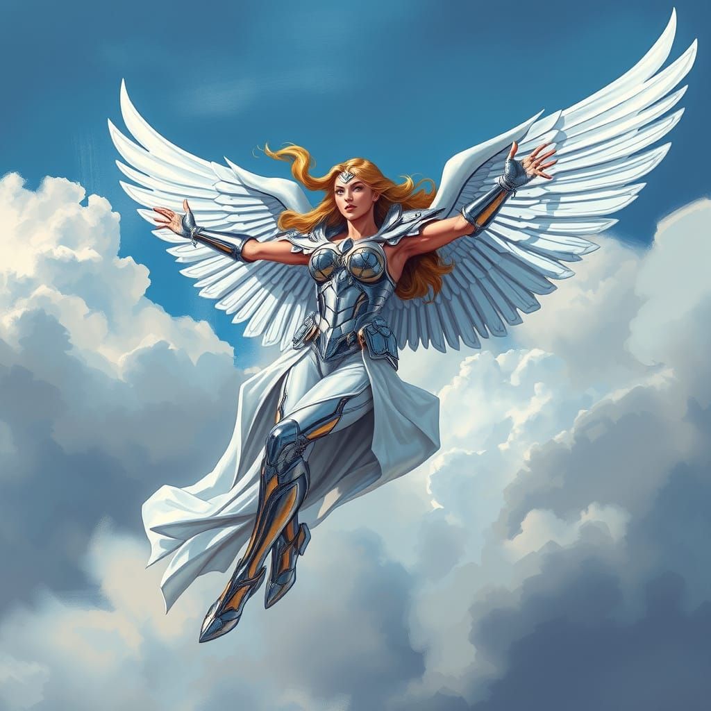 Valkyrie Soaring in Silver Armor, Comic Book Art