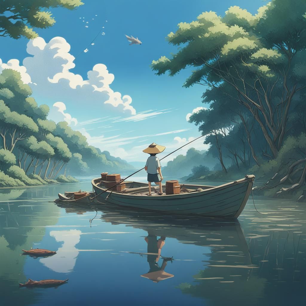 Fisherman's Catch: Anime-Style River Scene