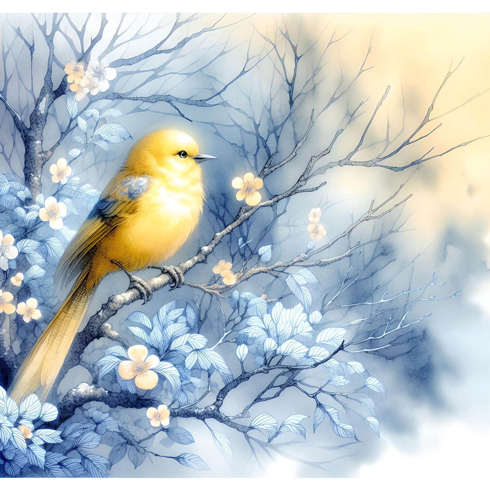 Yellow Bird in Tree Watercolor, Edo Period Style