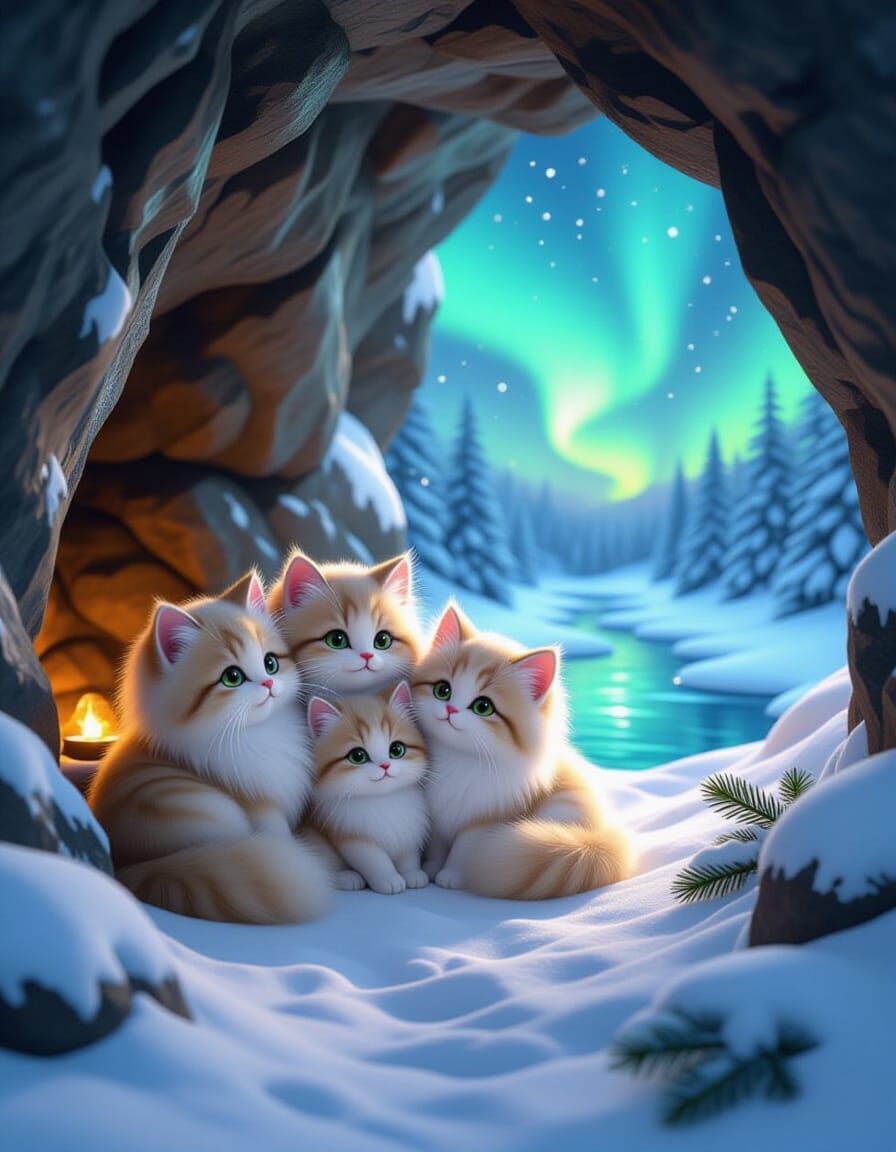 Fluffy Snow Cats in Cozy Cave, Aurora Borealis Over Winter