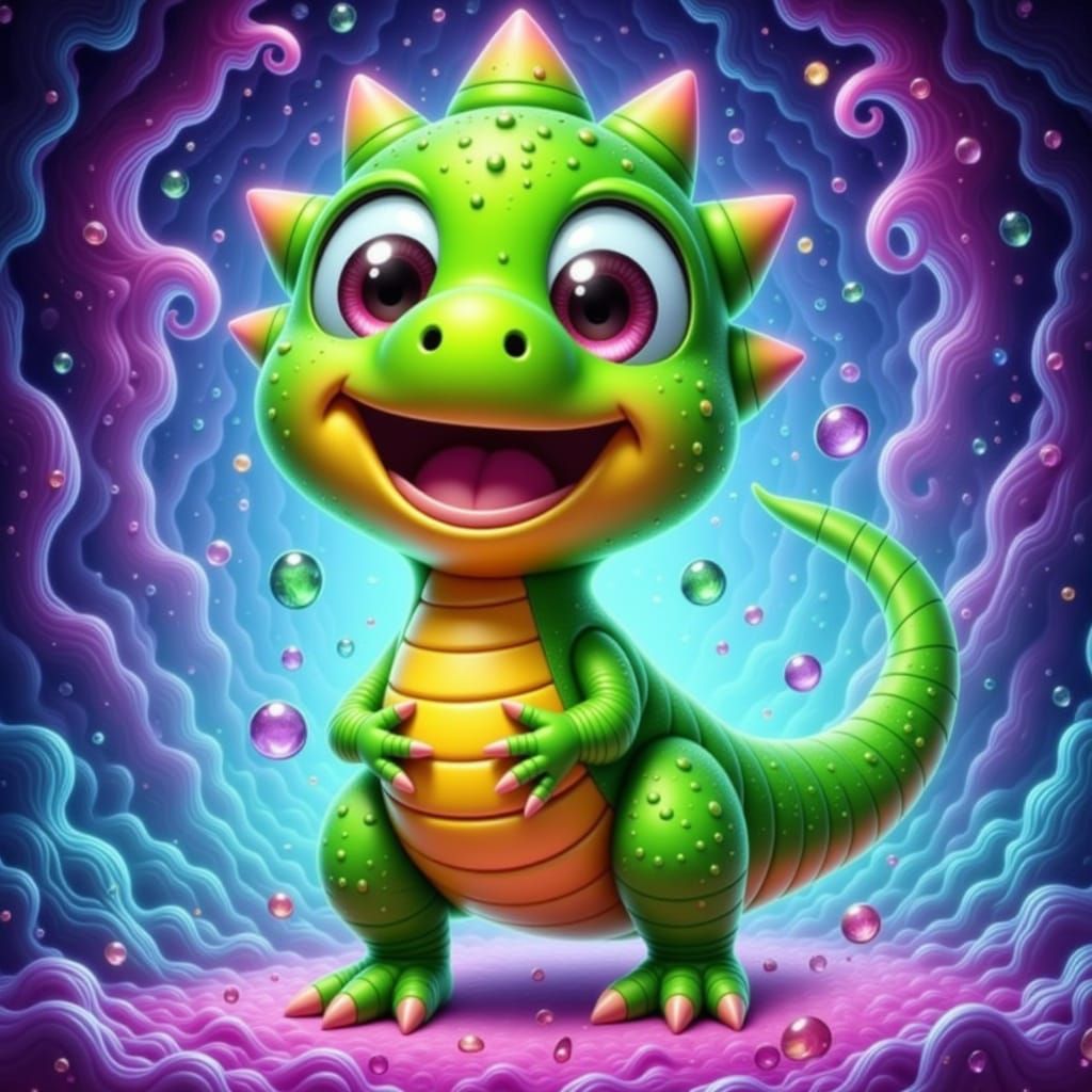 Joyful Cartoon Dinosaur Gemmy Radiating Happiness in Magical...