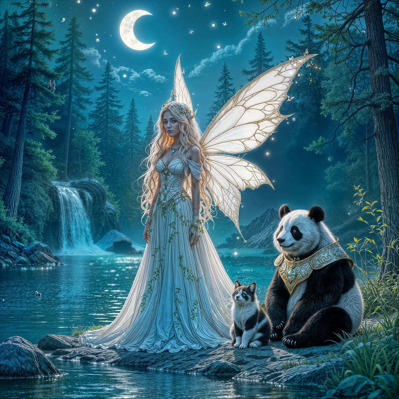 Enchanted Fairy and Armored Panda by Moonlit Lake
