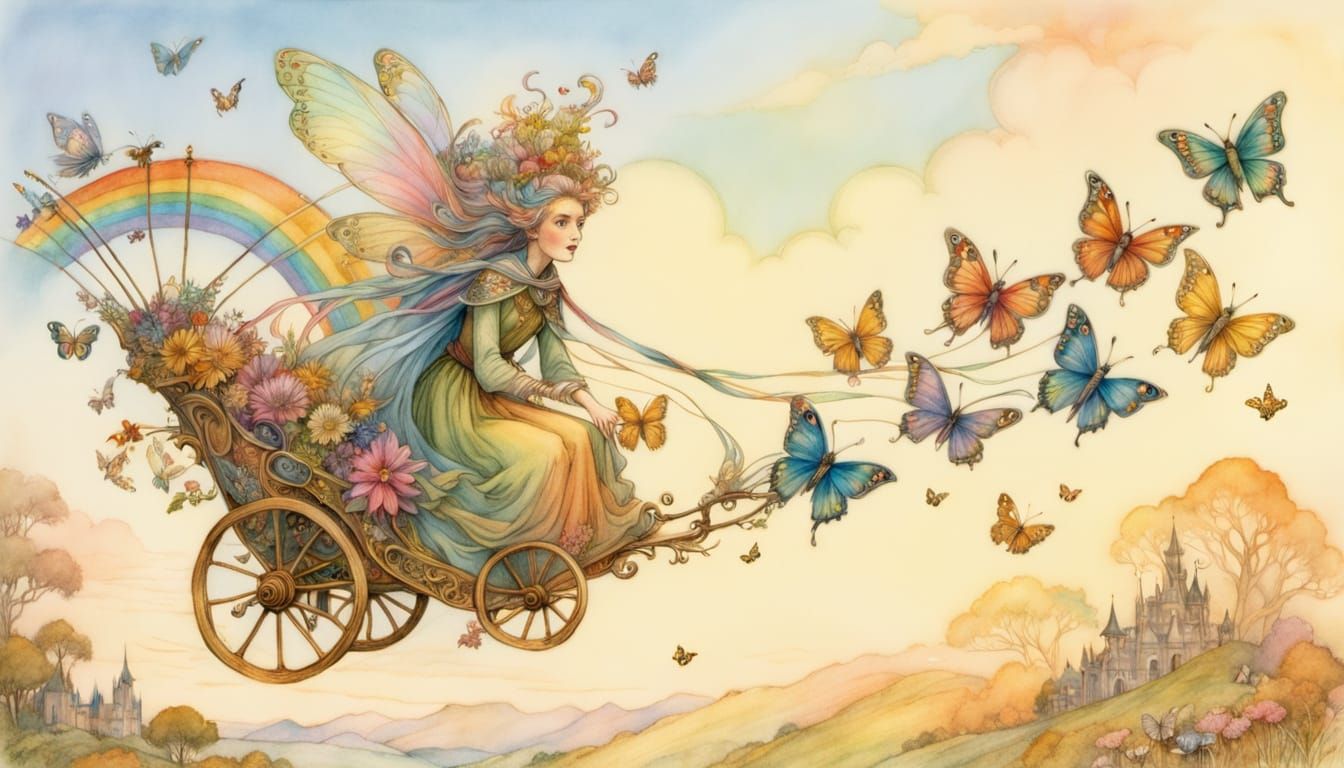 Fairy Princess in Floral Chariot Pulled by Butterflies