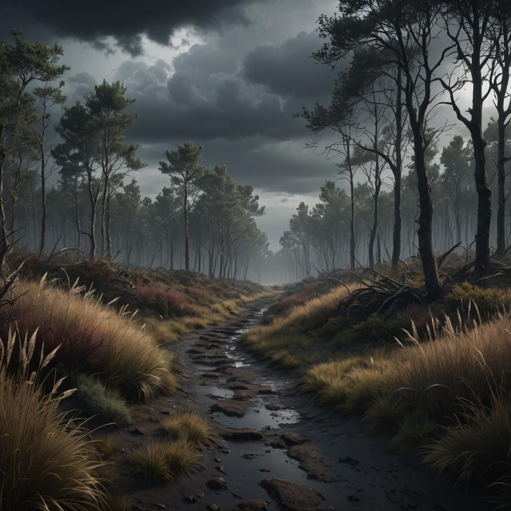 Dark Path Through Misty Forest Under Stormy Sky