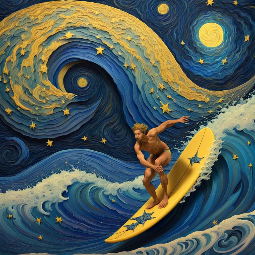 Surreal Surfer Rides Starry Wave in Impasto Style