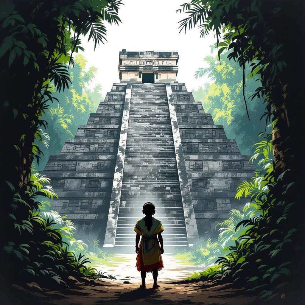 El Castillo Pyramid in Charcoal Style, Mayan Figure