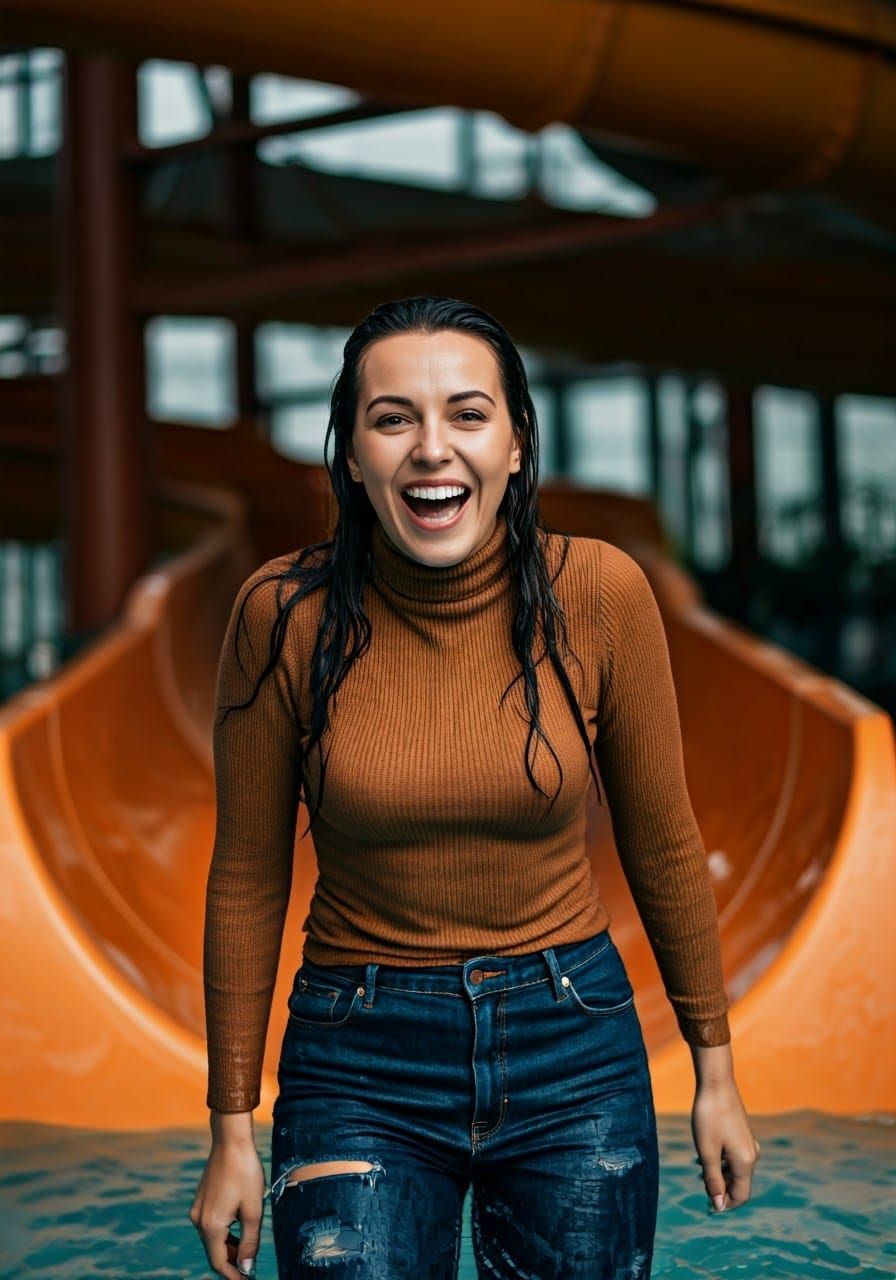 Woman's Joyful Water Slide Experience: Photorealistic Style