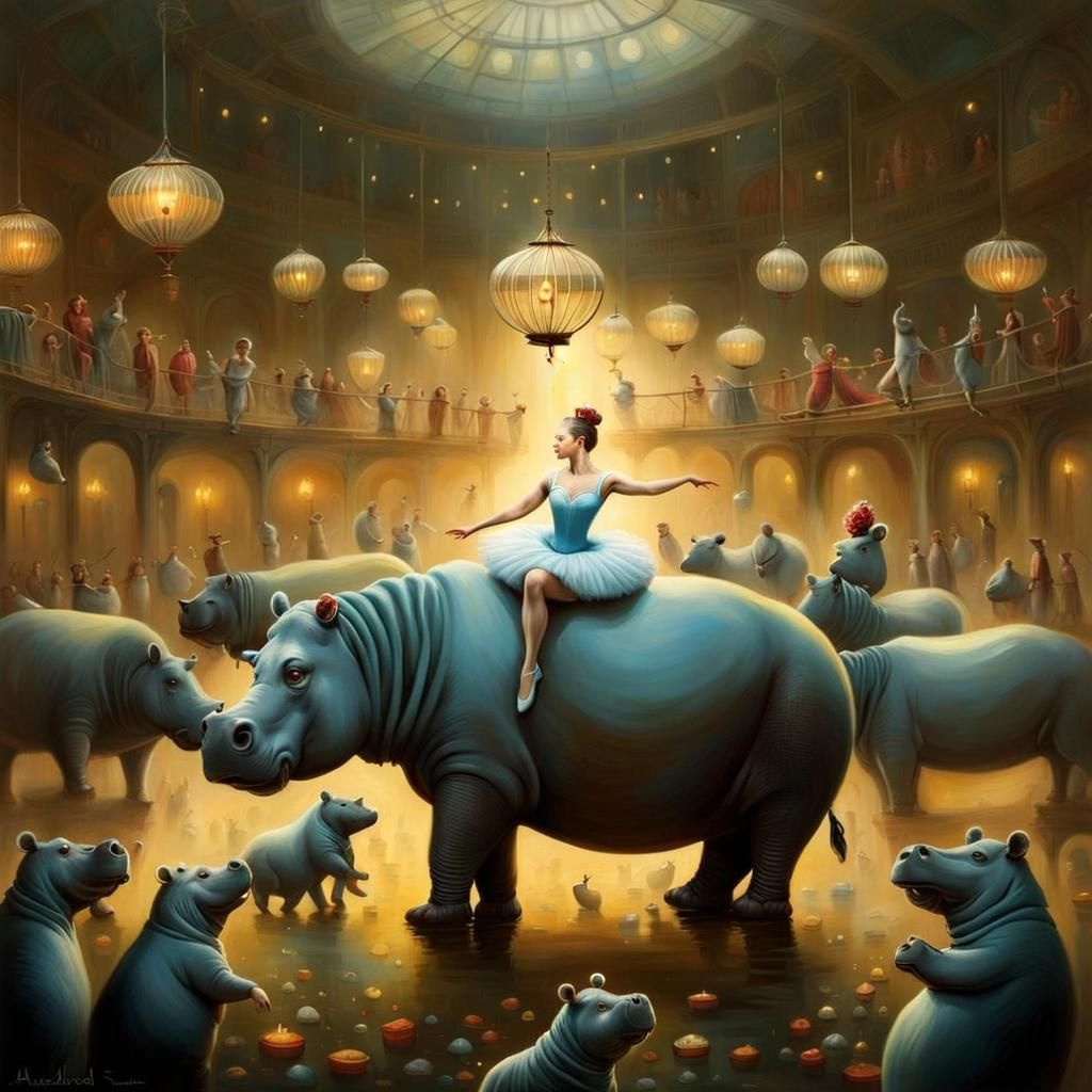 Hippos and Ballerina in Surreal Circus