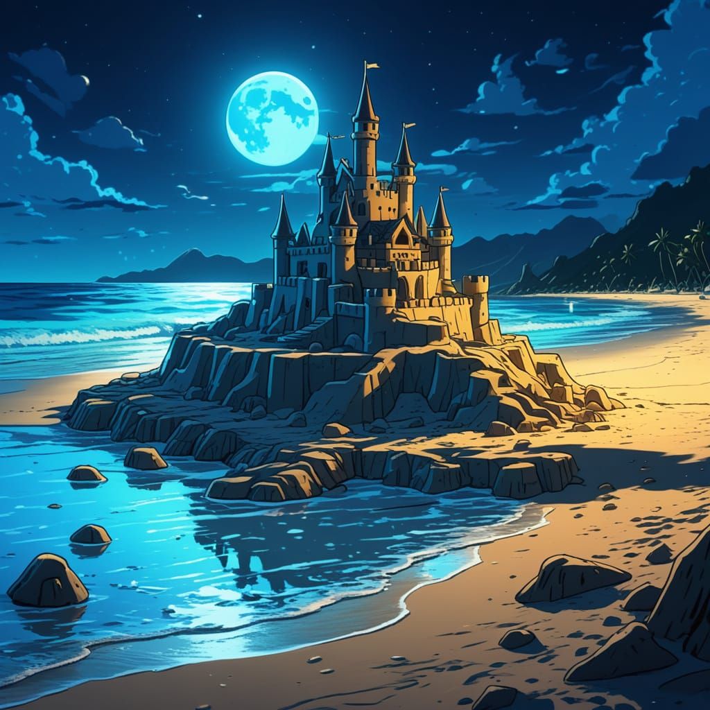 Bioluminescent Beach Sandcastle in Anime Style