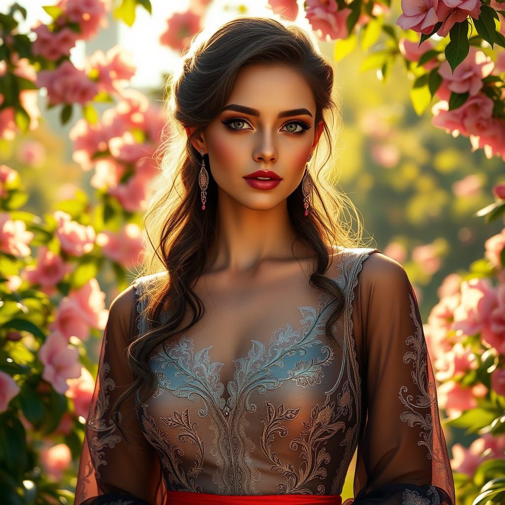 In a sunlit garden adorned with vibrant blossoms, a stunning woman stands gracefully amidst a backdrop of lush greenery.