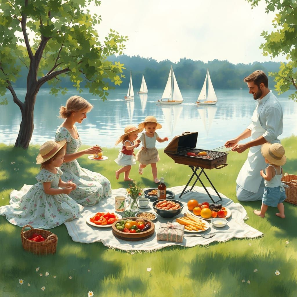 Whimsical Summer Picnic Scene in Watercolor