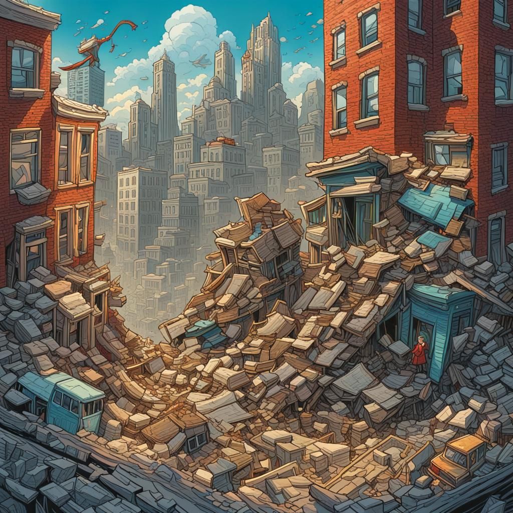 Humorous Earthquake City Scene in Abstract Art Style