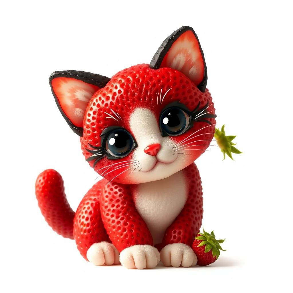 Whimsical Strawberry Kitten Sculpture