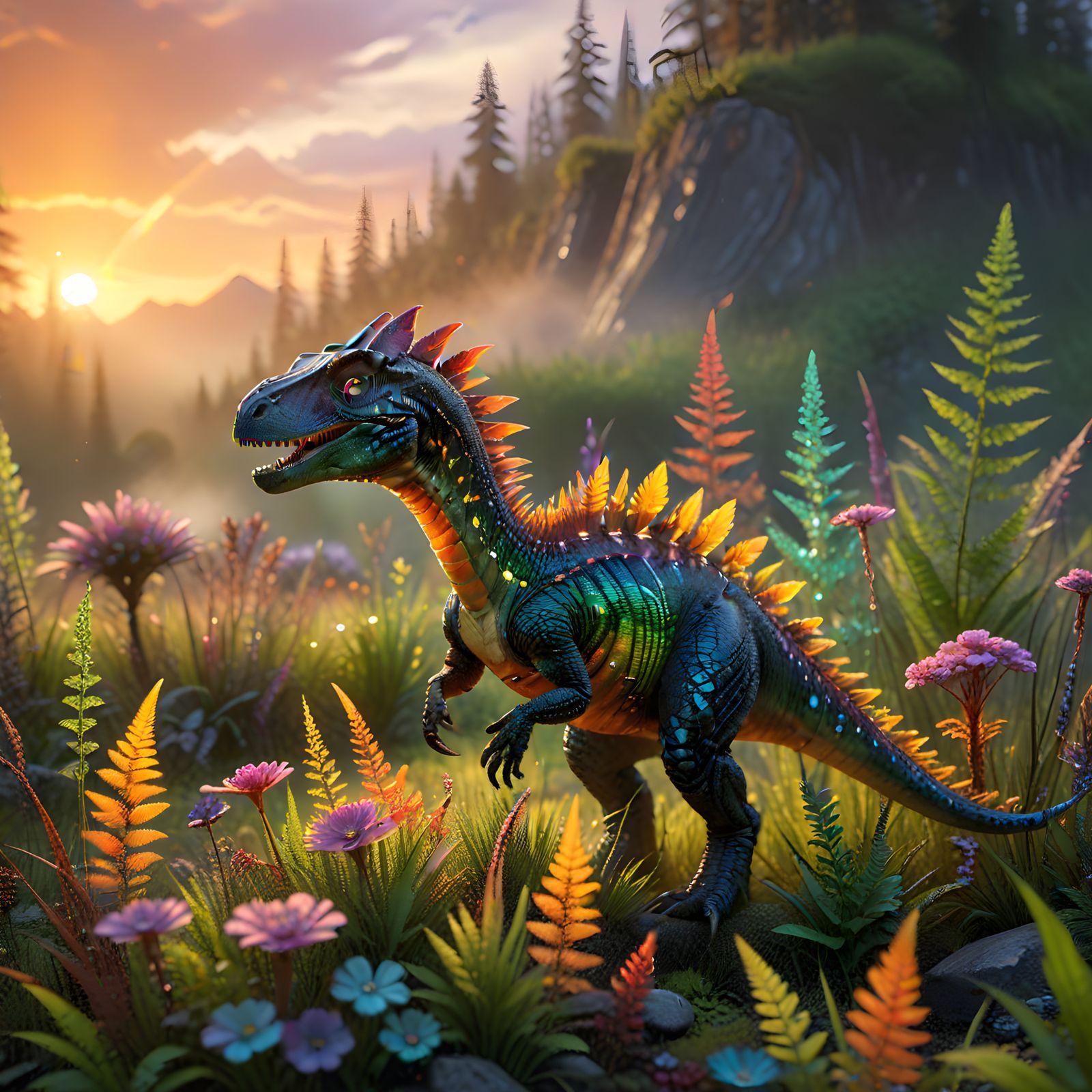 Dino in a Gemstone Meadow, in a Cyberpunk Aesthetic