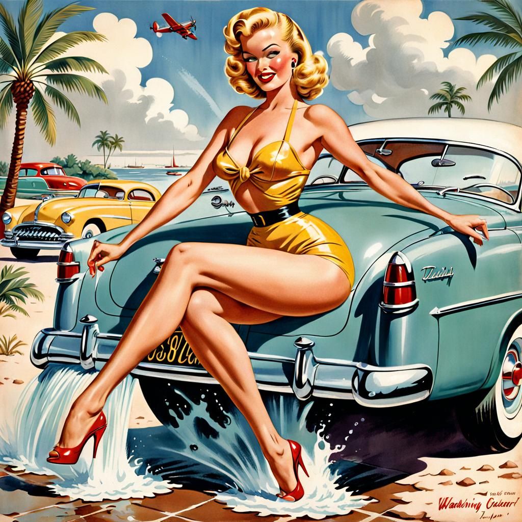 1950s Pinup Girl Washing a Car Illustration