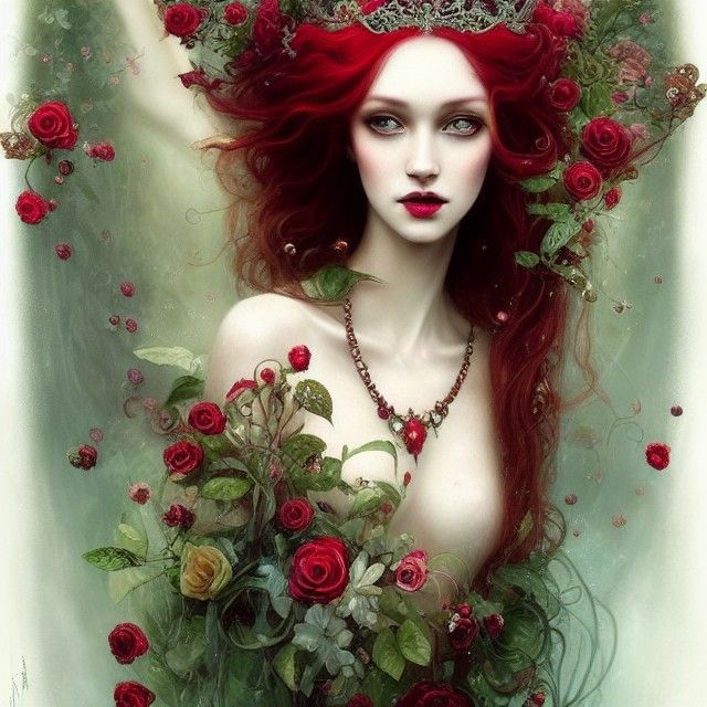 Elegant Red-Haired Empress with Roses and Pearls