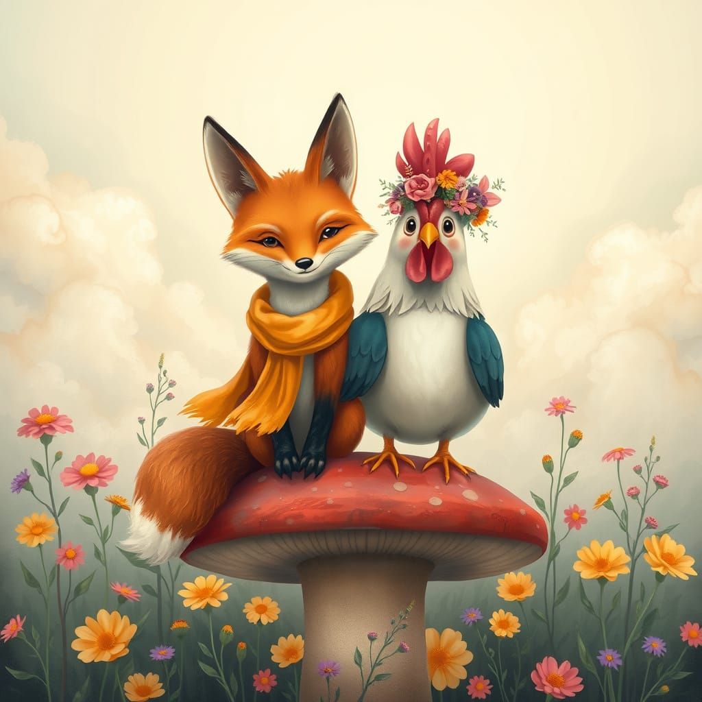 Fox and Chicken Friends on Mushroom, Dreamlike Style