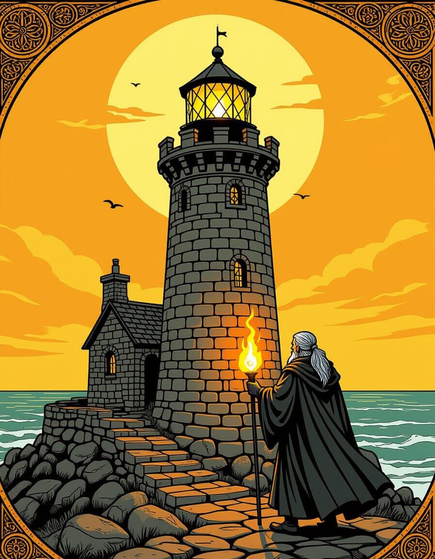 Medieval Lighthouse Keeper in Dark Fantasy Comic Style