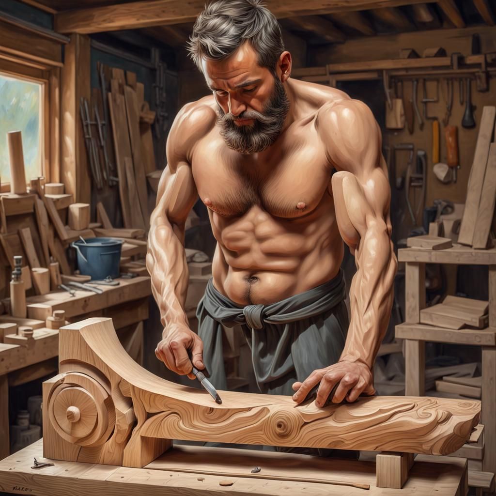 Carpenter Carving Sculpture: Oil Painting with Fine Detail